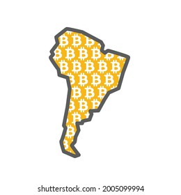 South America country map with bitcoin crypto currency logo