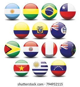 South America country national circle button flags background texture. Vector illustration