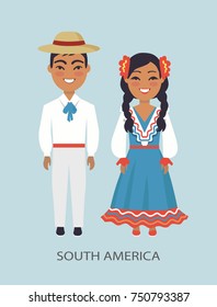 South america, culture and customs represented by man wearing hat and white costume and woman dressed in blue dress vector illustration