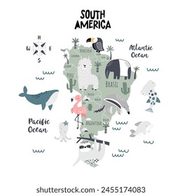 South America cute vector map illustration for kids. Animal map. Children's map design for wallpaper, kid's room, wall art. Oceans. Mainland. Flamingo, llama, toucan, anteater, sloth, tapir, whale.