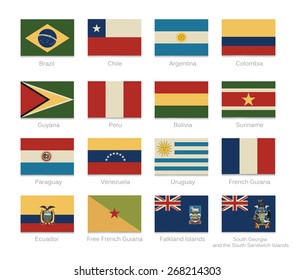 South America detailed flags of all continent countries and overseas with a vintage colors. Vector illustration flags set.