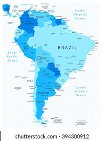 South America Detailed Map Blue Colors. All elements are separated in editable layers clearly labeled.