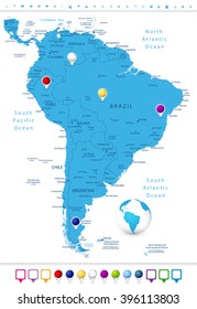 South America Detailed Map with Map Pointers.All elements are separated in editable layers clearly labeled.