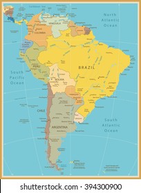 South America Detailed Map Vintage Color.All elements are separated in editable layers clearly labeled.