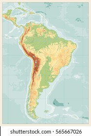 South America Detailed Physical Map with global relief, lakes and rivers. Retro colors. No text. Highly detailed vector map.