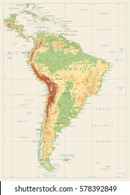 South America Detailed Physical Map with global relief, lakes and rivers. Vintage color highly detailed vector map.