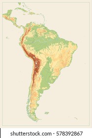 South America Detailed Physical Map with global relief, lakes and rivers. Vintage color highly detailed vector map.  No text