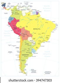 South America Detailed Political Map Isolated On White.All elements are separated in editable layers clearly labeled.