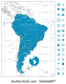South America Detailed Road Map and navigation icons with roads, lakes and rivers. Highly detailed vector map.