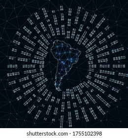 South America digital map. Binary rays radiating around glowing continent. Internet connections and data exchange design. Vector illustration.