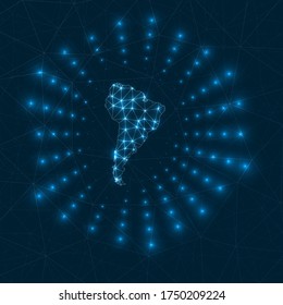 South America digital map. Glowing rays radiating from the continent. Network connections and telecommunication design. Vector illustration.