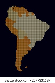 South America dotted map. Digital style map of the continent on dark background. South America shape with circle dots. Colored dots style. Small size circles. Abstract vector illustration.