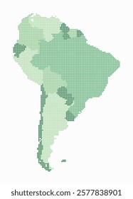 South America dotted map. Digital style map of the continent on white background. South America shape with square dots. Colored dots style. Small size squares. Amazing vector illustration.