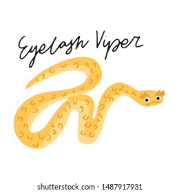 South America Eyelash Viper snake vector illustration clipart. Kids design poster. Wild mammal drawing in scandinavian style. Handwritten lettering. Exotic wildlife. 