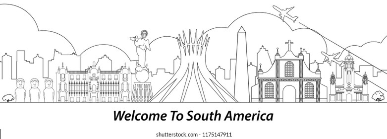 South America famous landmark outline style,vector illustration