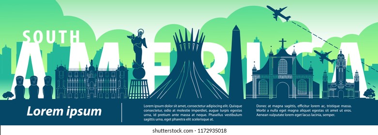 South america famous landmark silhouette style,text within,travel and tourism,vector illustration