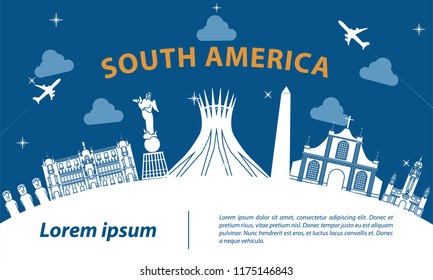 South america famous landmark silhouette style on white curve,trip and tourism,vector illustration