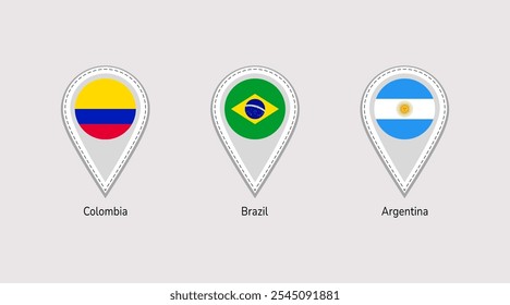 América do Sul mapa da bandeira pins ícones isolados ilustração do vetor. O sinal do ponto de localização dos países da América Latina. Brasil, Argentina, Colômbia afirma adesivos de símbolos oficiais definidos para design de viagem