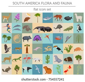 South America flora and fauna flat elements. Animals, birds and sea life big set. Build your geography infographics collection. Vector illustration