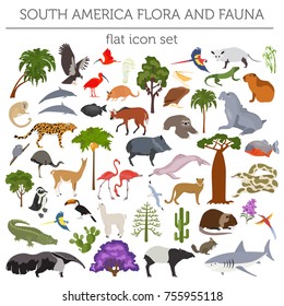 South America flora and fauna flat elements. Animals, birds and sea life big set. Build your geography infographics collection. Vector illustration