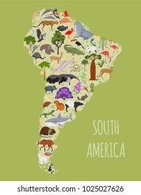 South America flora and fauna map, flat elements. Animals, birds and sea life big set. Build your geography infographics collection. Vector illustration