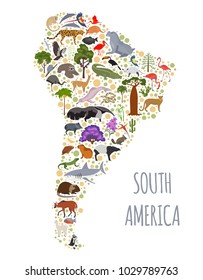 South America flora and fauna map, flat elements. Animals, birds and sea life big set. Build your geography infographics collection. Vector illustration