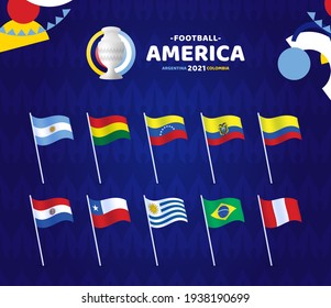 Fútbol Sudamericano 2021 Argentina Ejemplo vector Colombia. Fijar la bandera ondulada en el polo con el logo del campeonato