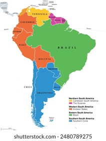 South America geographical regions, multi colored political map. Four main regions of the continent, Caribbean South America, the Guianas, Andean States, Brazil and the Southern Cone of the continent.