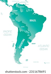 South America - high detailed political map South American continent with country, ocean and sea names labeling.
