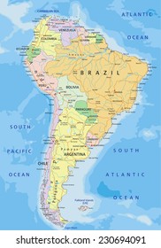 South America - Highly detailed editable political map with separated layers.