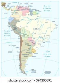 South America Highly Detailed Political Map.All elements are separated in editable layers clearly labeled.