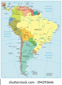 South America Highly Detailed Vector Map.All elements are separated in editable layers clearly labeled.