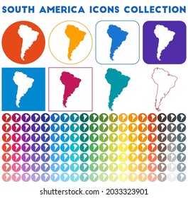 South America icons collection. Bright colorful trendy map icons. Modern South America badge with continent map. Vector illustration.