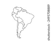 South America isolated map on white background with state. Vector illustration, highly detailed. Brazil, Argentina, chile, bolivia.