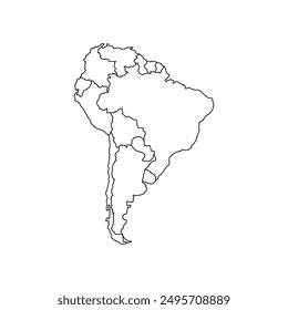 South America isolated map on white background with state. Vector illustration, highly detailed. Brazil, Argentina, chile, bolivia.