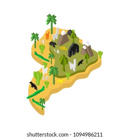 South America Isometric Map Animal and plants. flora and fauna on mainland. Vector
