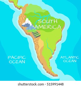 South America isometric map with natural attractions. Cartography nature concept. Geographical map with local relief. North America continent between Pacific and Atlantic ocean. Vector illustration