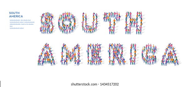 South America Isometric Vector Concept, Group of business people are gathered together in the shape of South America word, for web page, banner, presentation, social media, Crowd of little people. 