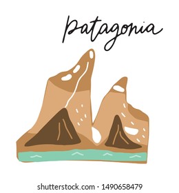 South America Landmark Patagonia vector illustration. Vector isolated clipart. Kids design poster. Drawing in scandinavian style. 
Handwritten lettering.