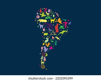 south America with landmarks. South America colorful cartoon doodle vector illustration