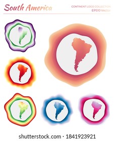 South America logo collection. Colorful logos of the continent. Unique layered dynamic frames around South America border shape. Vector illustration.