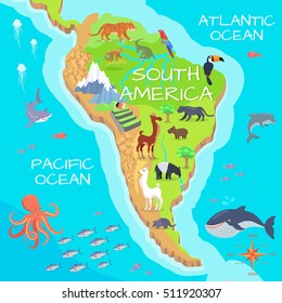 Mapa de dibujos animados de Sudamérica continental con especies de fauna. Animales norteamericanos cortos vector plano. Predadores amazónicos. Especies de montaña. Vida silvestre de la jungla. Concepto de naturaleza para el libro infantil