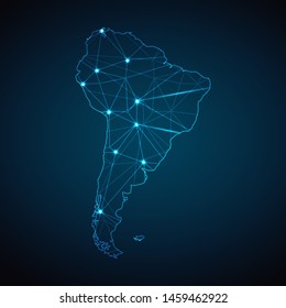 South America Map - Abstract geometric mesh polygonal network line, structure and point scales on dark background with lights in the form of cities. Vector illustration eps 10.