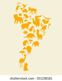 South America map animals silhouettes,isolated on white background contour vector illustration. South America animals contour.South America mammals big vector set.Preschool, baby, drawn, educations