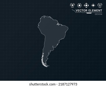 South America map of black digital frame HUD, GUI, UI interface technology radar vector.