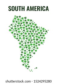 South America map cannabis pattern of leaves . Abstract vector weed marijuana in green color.Flat elements of foliage.
