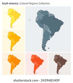 South America. Map collection. Continent shape. Colored countries. Blue Grey, Yellow, Amber, Orange, Deep Orange, Brown color palettes. Border of South America with countries. Vector illustration.