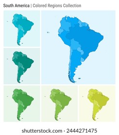 Sudamérica. Colección de mapas. Forma Continente. Países coloreados. Paletas de colores azul claro, cian, verde azulado, verde claro, verde lima. Frontera de Sudamérica con países. Ilustración vectorial.