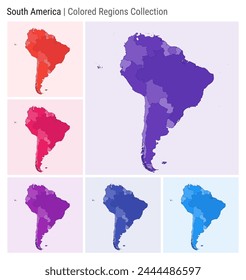 Sudamérica. Colección de mapas. Forma Continente. Países coloreados. Paletas de colores Deep Purple, Red, Pink, Purple, Indigo, Blue. Frontera de Sudamérica con países. Ilustración vectorial.