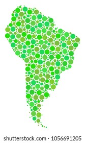 South America Map composition of circle elements in variable sizes and ecological green color hues. Vector round dots are composed into south america map mosaic. Organic vector illustration.